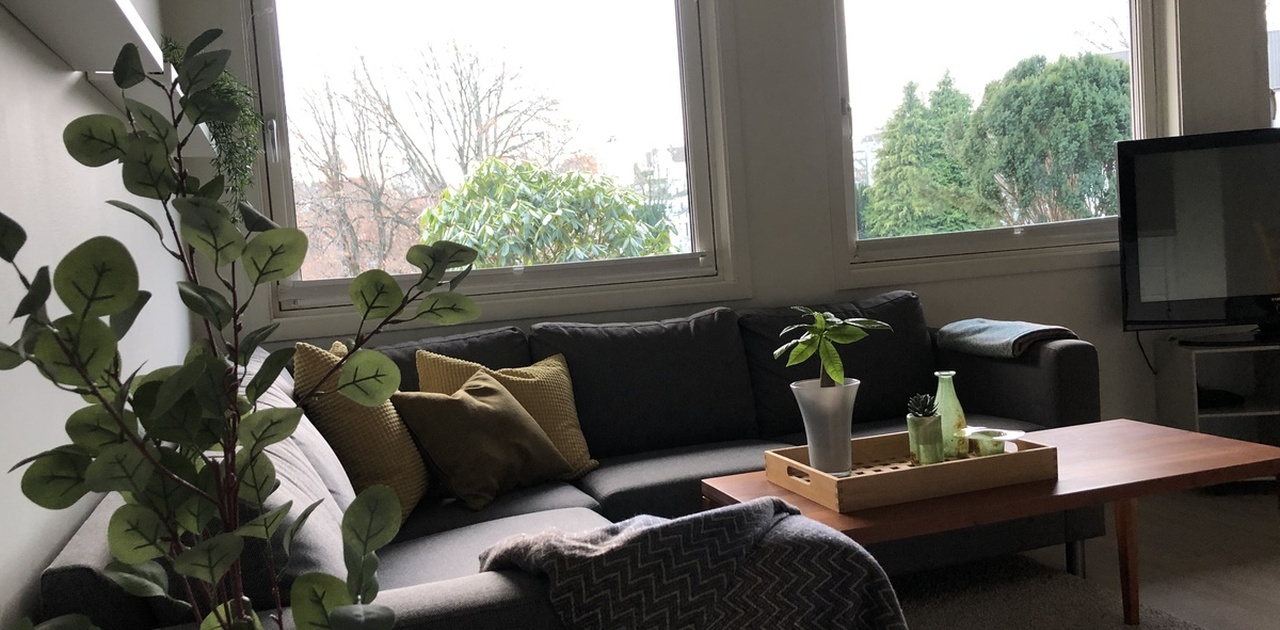 Sofakrok med tre store vinduer i stue/kjøkken