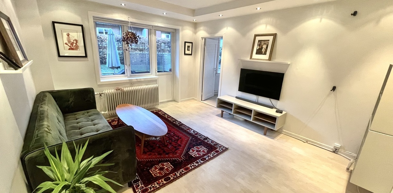 Stue med Samsung tv, bord, sofa og hyller.