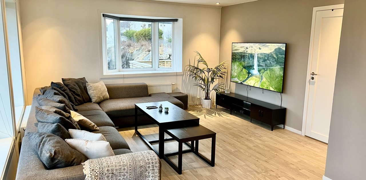 TV-stue i hovedetasje med stor sofa