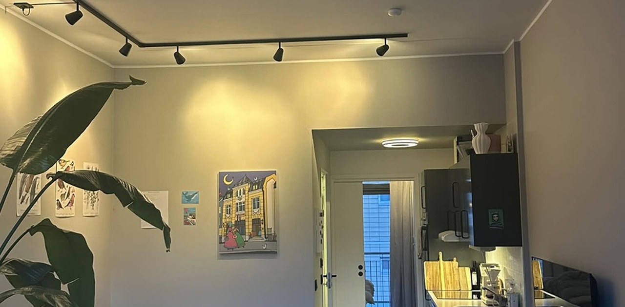 Bilde av leiligheten fra inngangsdør. Stue og kjøkken i ett rom og skyvedør inn til soverom.