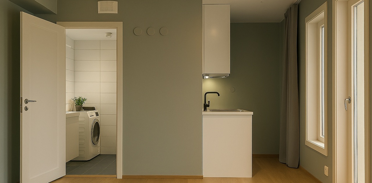 Strøken og arealeffektiv leilighet, en moderne bolig med privat balkong, heis og alt inkludert i leien