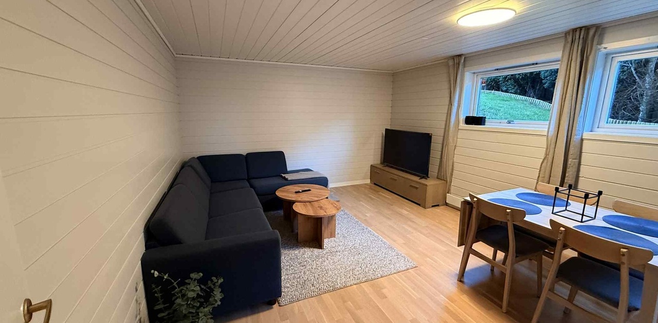 Stor og åpen stue- og kjøkkenløsning. Alt av innredning (sofa, stuebord, spisebord, stoler, teppe, tv, tv-benk, gardiner osv) er inkludert i leien.