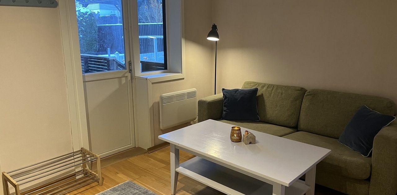 Stue med god romfølelse og utgang til egen, skjermet uteplass.