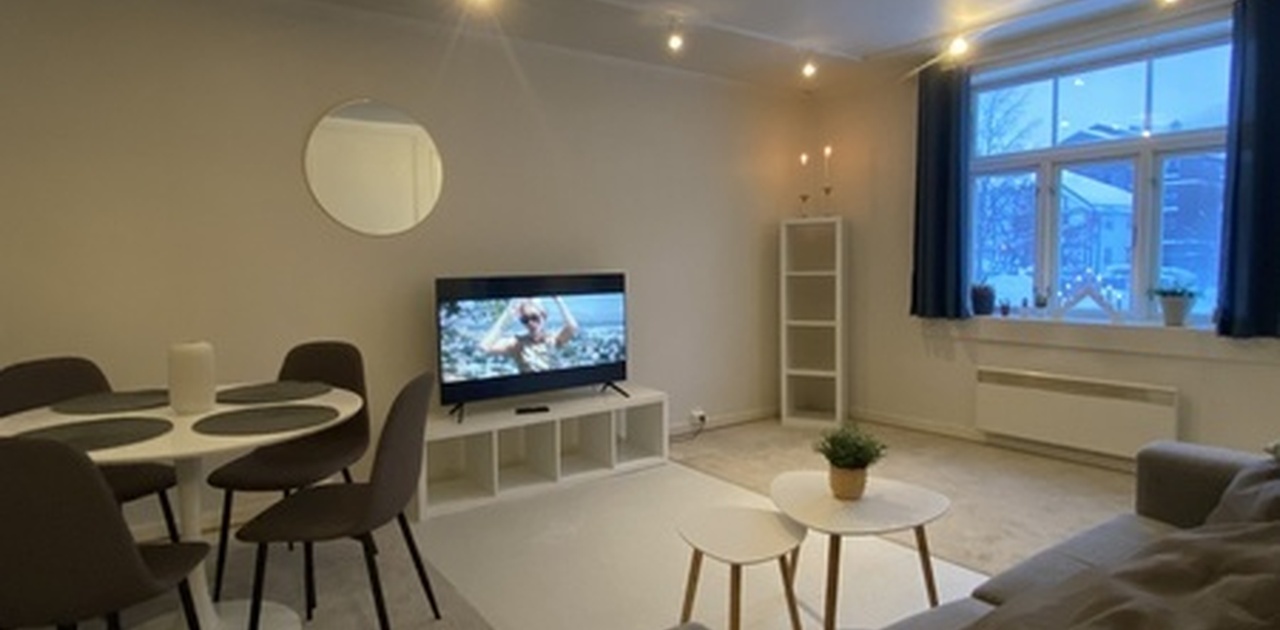 Stor lys stue, med stor  vindu