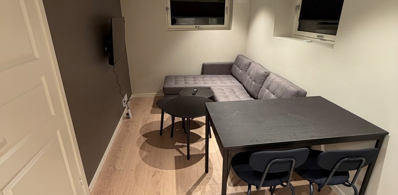 Stue med TV og spisebord