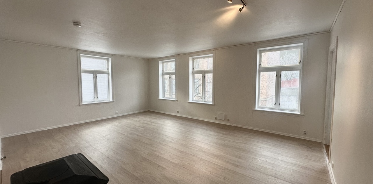 Stor lys stue med høye vindu, ca 30kvm