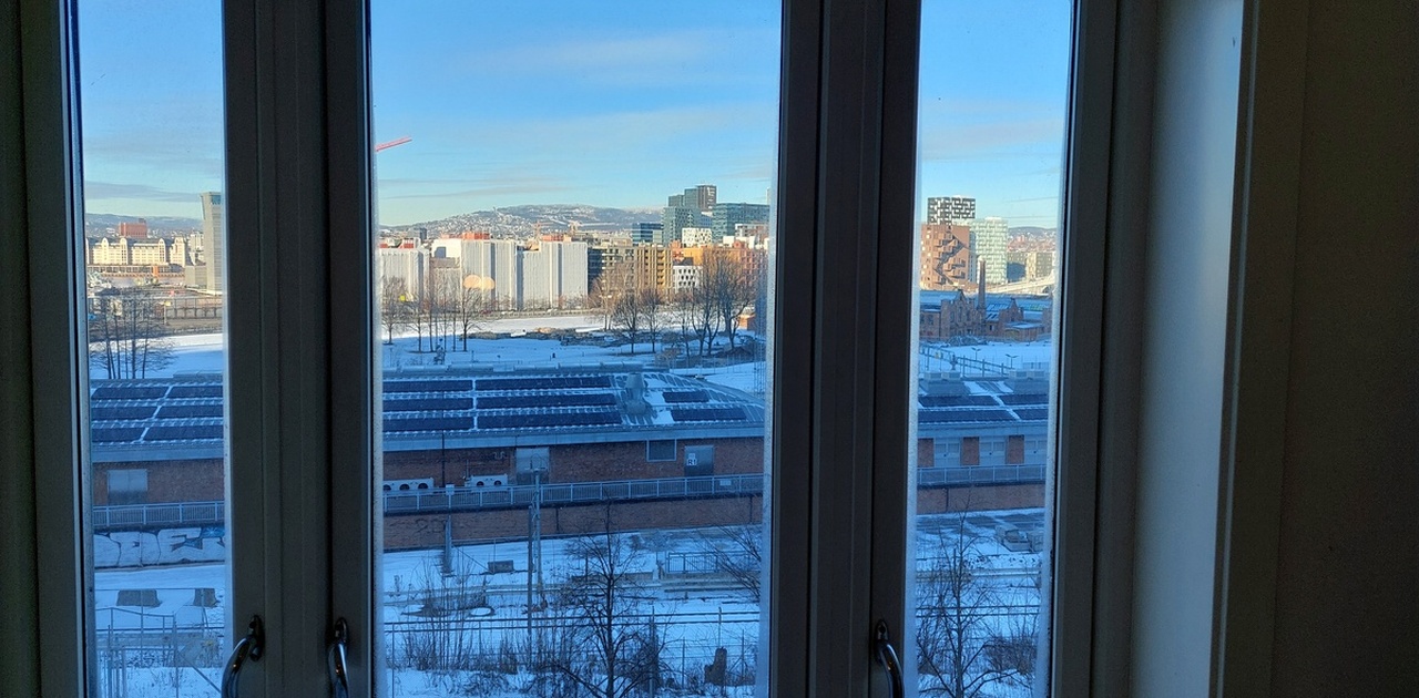 Soverommet som leies ut 1/5 : Store vindusflater i rommet, med fin utsikt mot Bjørvika og Middelalderparken.