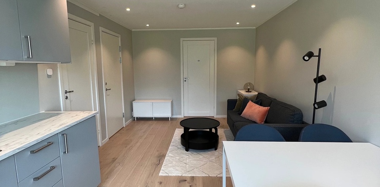 Åpen løsning kjøkken/stue med spiseplass, sofa, sofabord, TV-benk