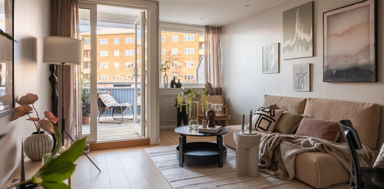 Lys stue med god plass til både avslapning og sosiale stunder