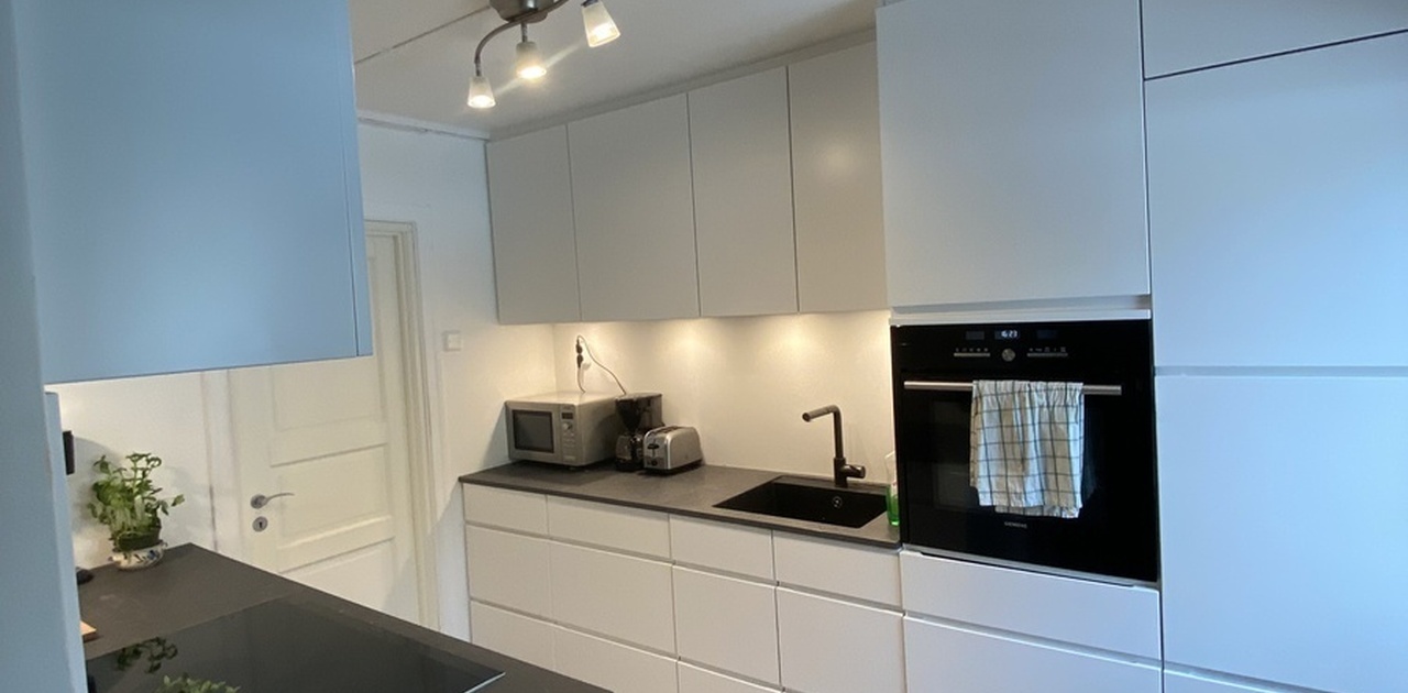 Kjøkken med oppvaskmaskin, induksjonstopp og selvrensende stekeovn.