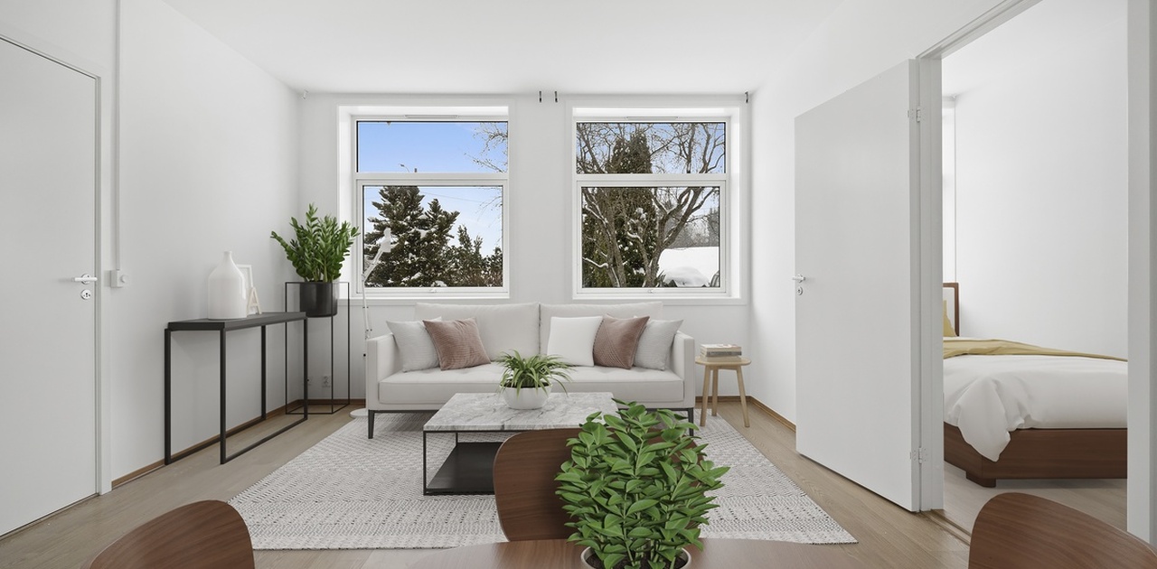 stue/ kjøkken. Bildet er digitalisert.