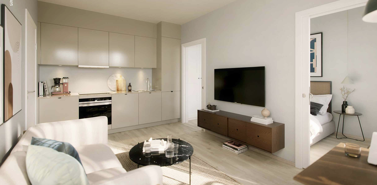 Illustrasjonsbilde fra prospekt av tilsvarende leilighet som viser stue/kjøkken