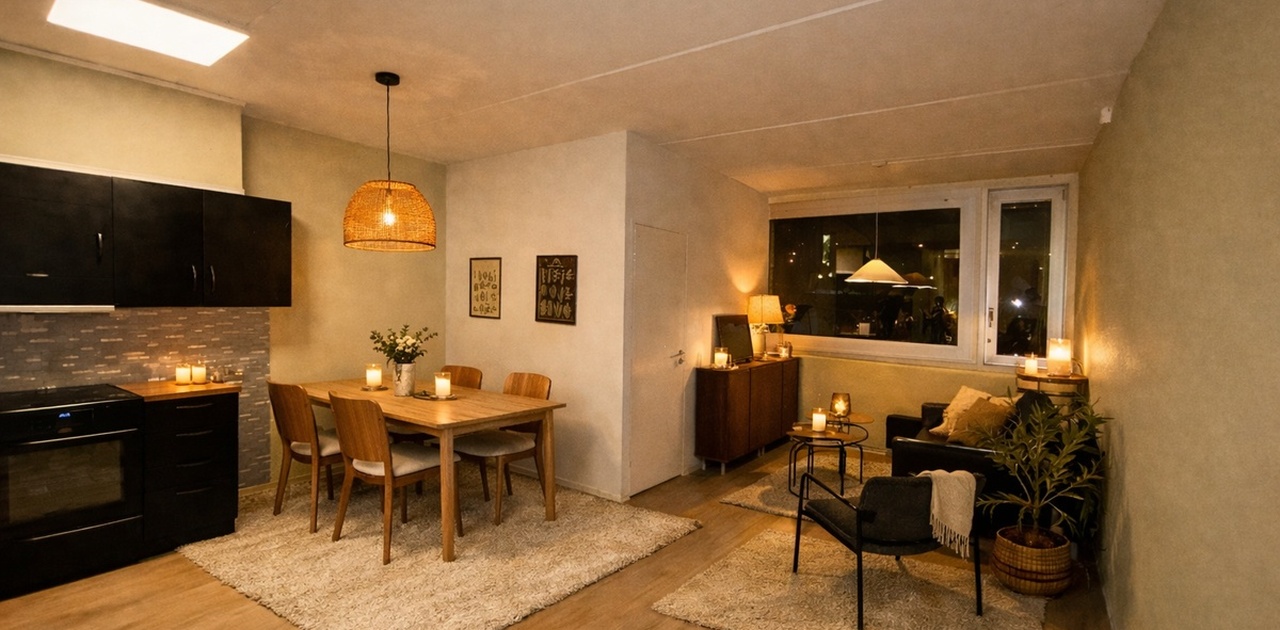 Åpen stue/kjøkkenløsning med god takhøyde!