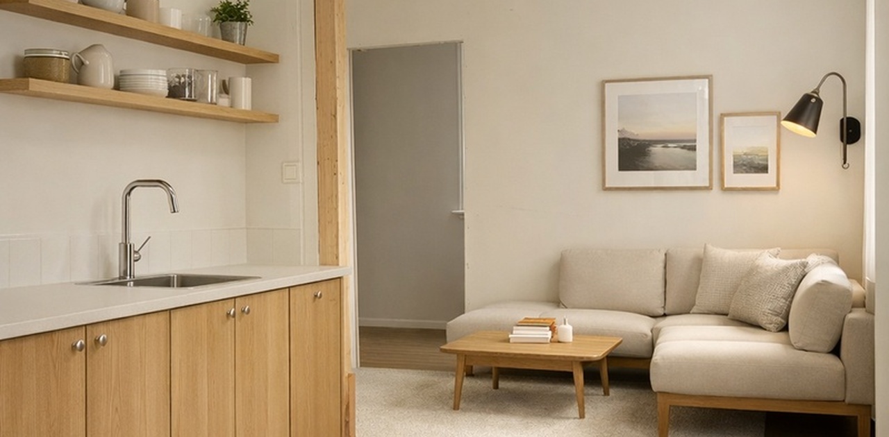 Bildet illustrerer innredning av kjøkken/stue