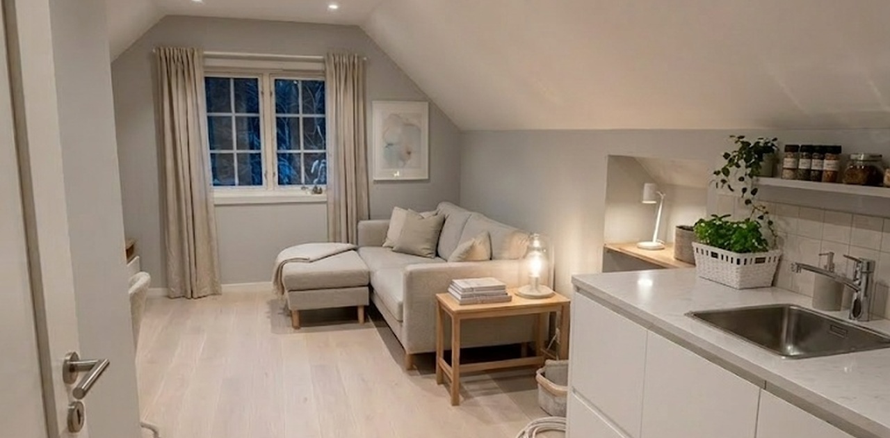 Stue/kjøkken (bilde er AI generert men gir et realistisk bilde)