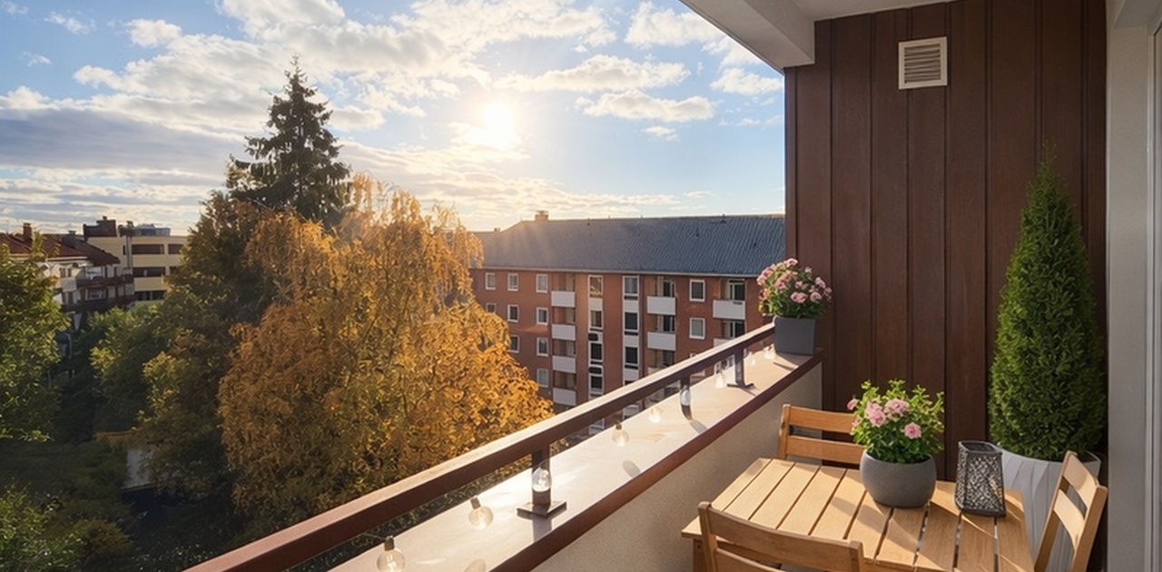 Sørvendt balkong mot rolig bakgård (parkering) NB: utemøbler på dette bildet er ikke inkludert