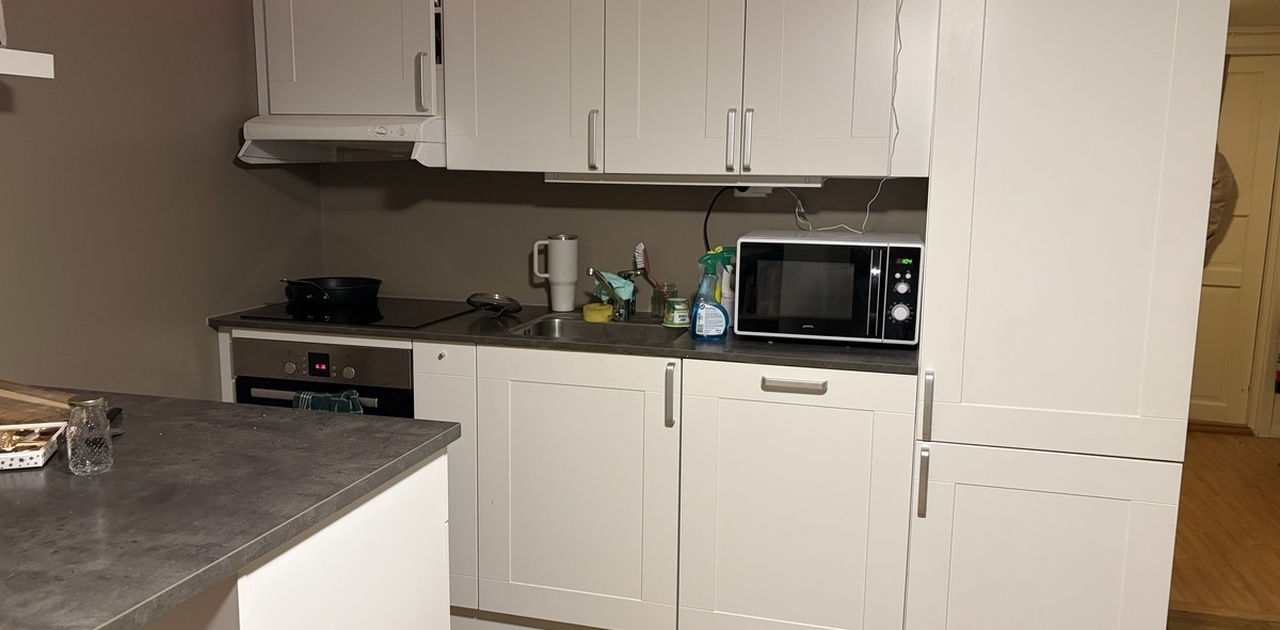 Moderne kjøkken med oppvaskmaskin og kjøkken-øy