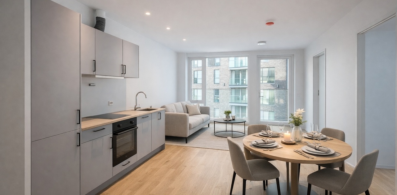 Åpen stue og kjøkken med utgang til balkong