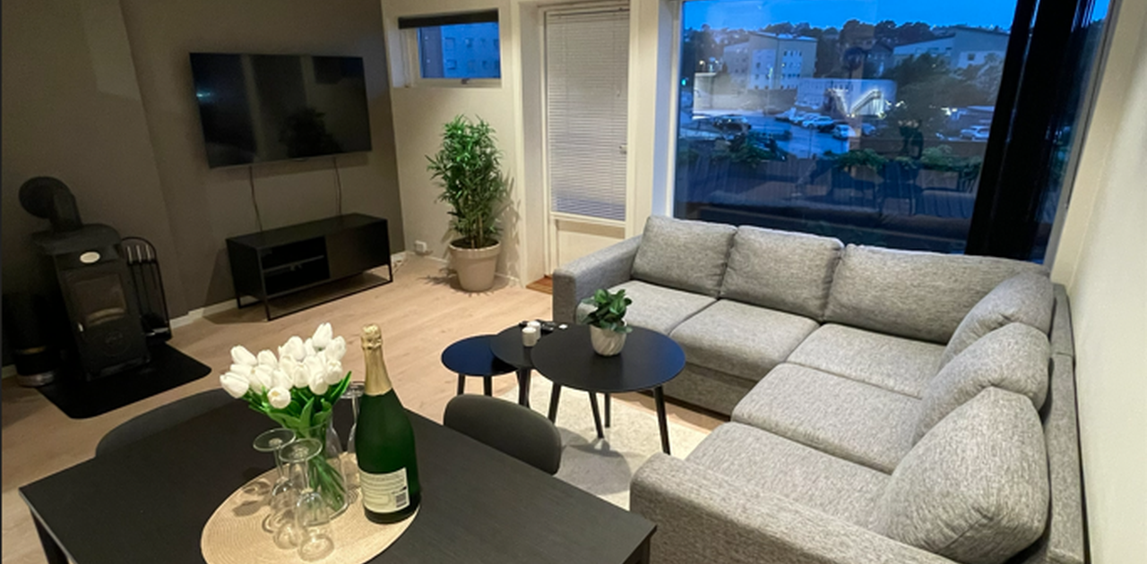 Stue med spisebord, sofakrok og TV