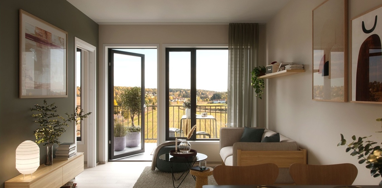 Ilustrasjon av utsyn mot Sør fra kjøkkengjennom stue