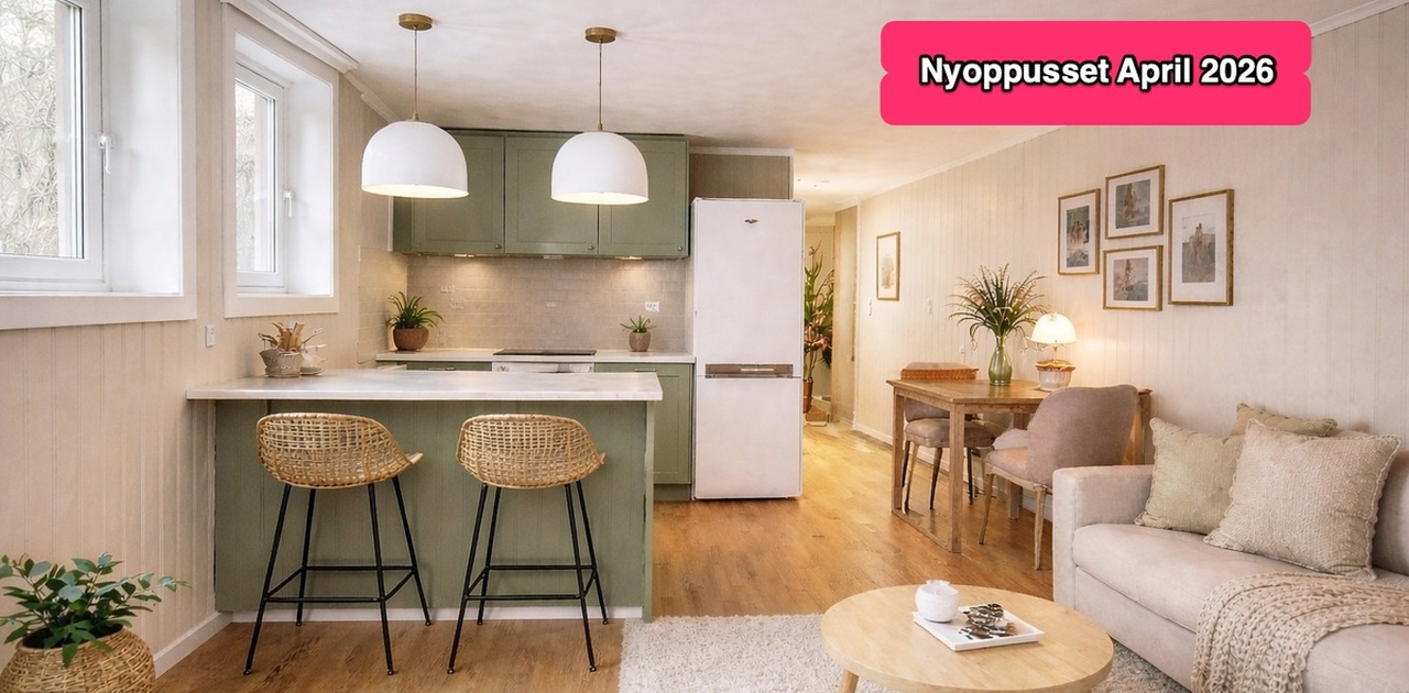 Praktisk stue med smart kjøkken-øy for matlaging og spiseplass