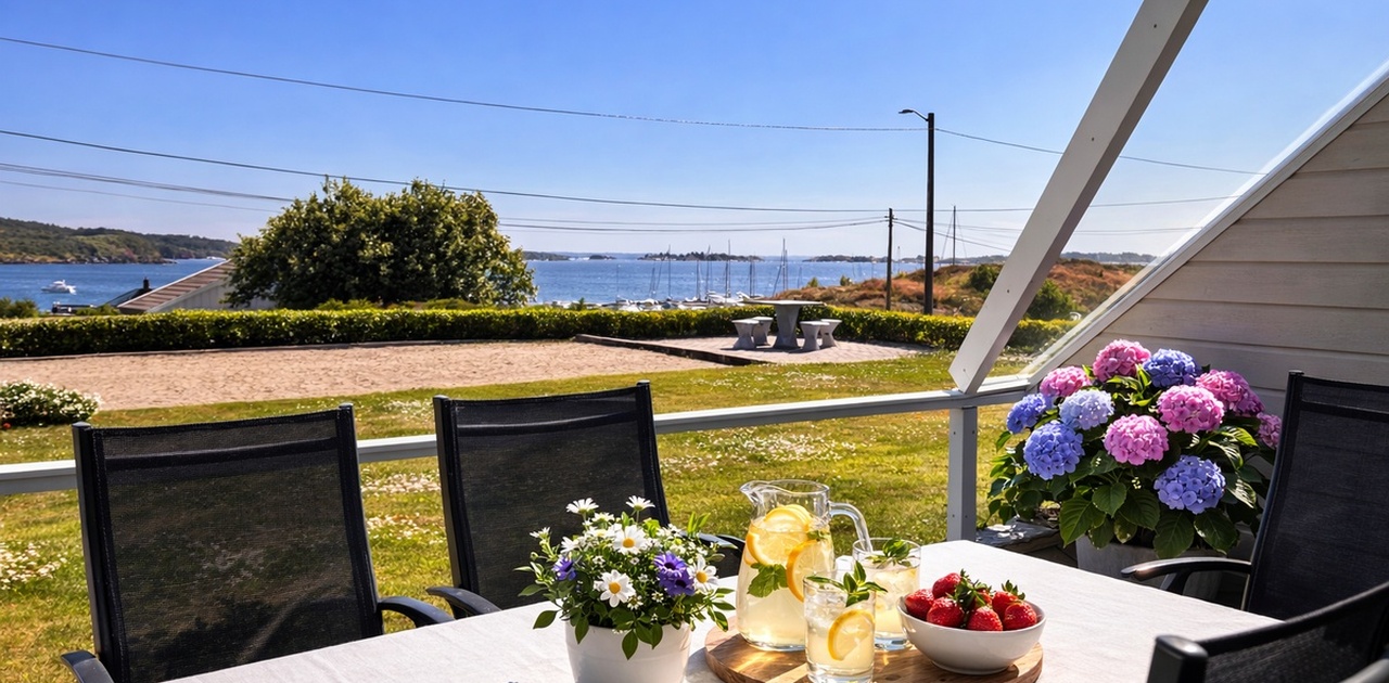 Deilig terrasse med utsikt over havnen