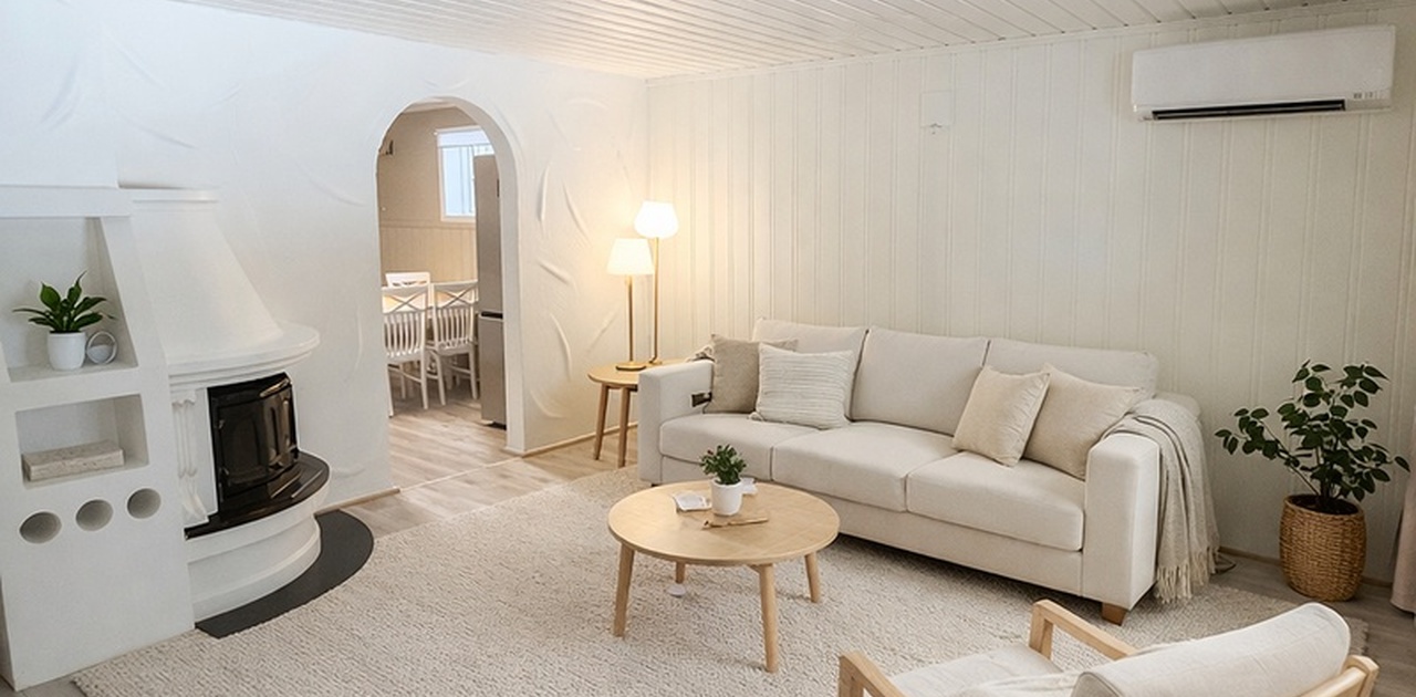 Romslig stue med peis