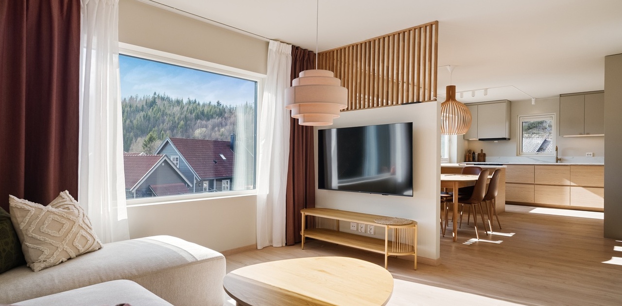 Leiligheten leies ut med ny sofa, ny tv, gardiner og lampe.