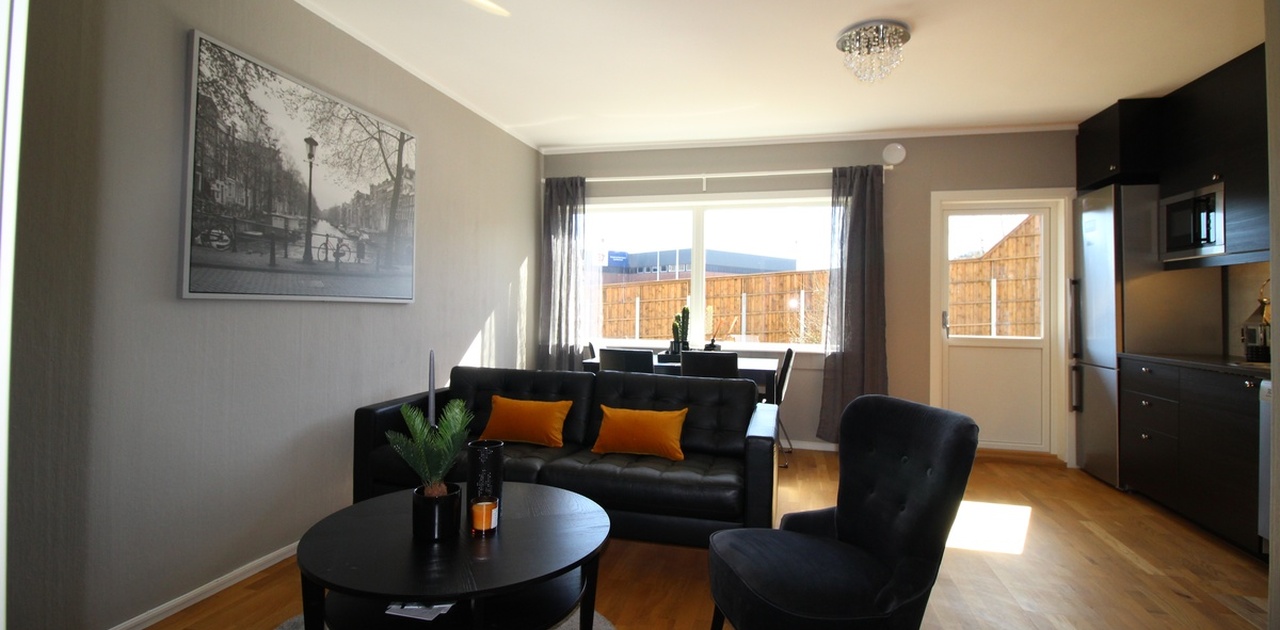 Lys og fin stue med spiseplass foran vindu samt egen avdeling med sofa, stol og TV