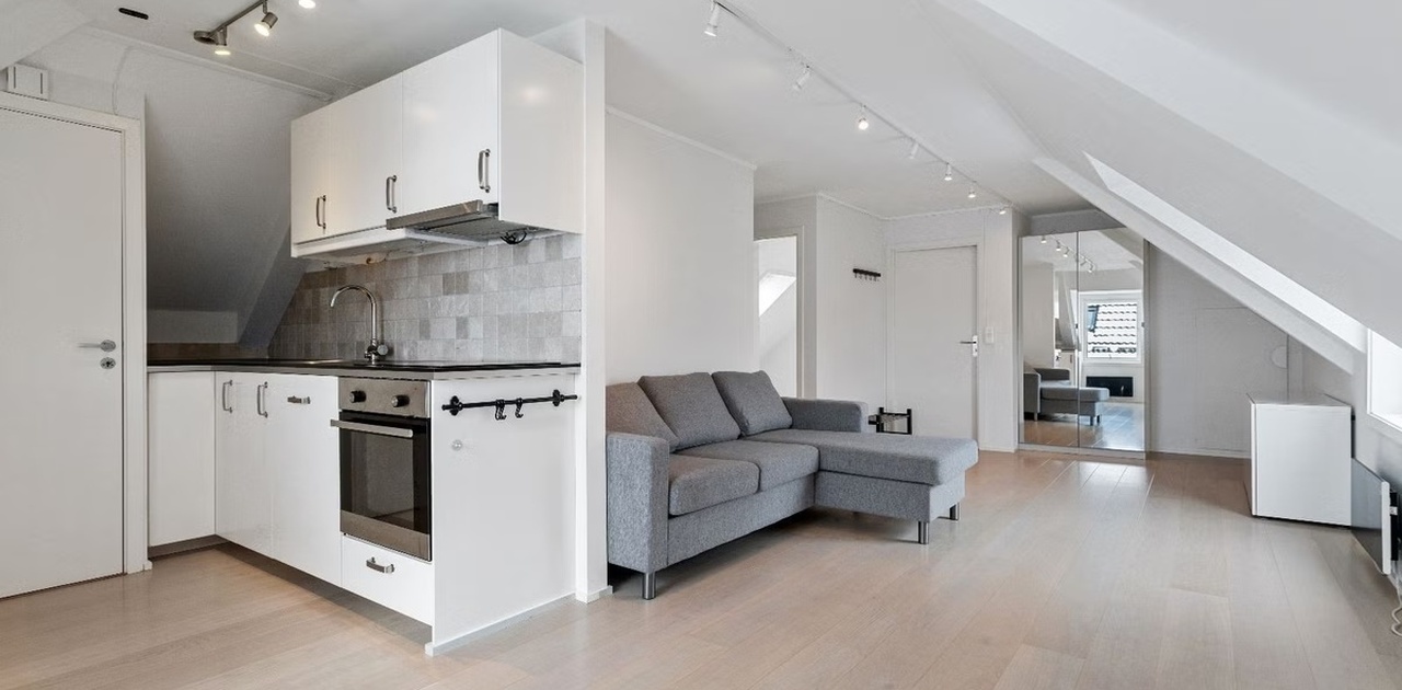 Kjøkken og stue. Sofa følger med.