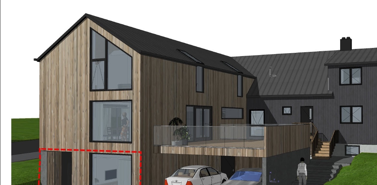 Utleiedelen ligger i underetasjen av boligen (markert med rød stiplet linje), med egen inngang og gode lysforhold via store vindusflater. Leiligheten er en integrert del av en moderne enebolig, med skjermet beliggenhet og nærhet til uteareal.