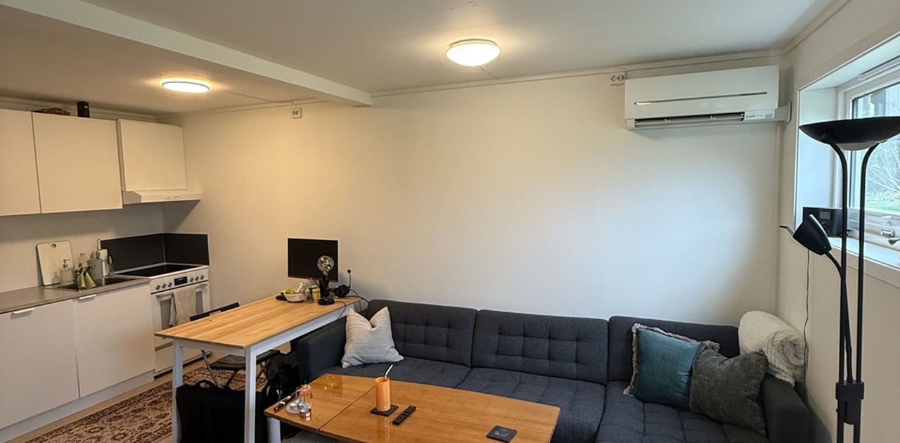 Nåværende leietaker har møblert med stor sofa og har fremdeles plass til et lite spisebord.