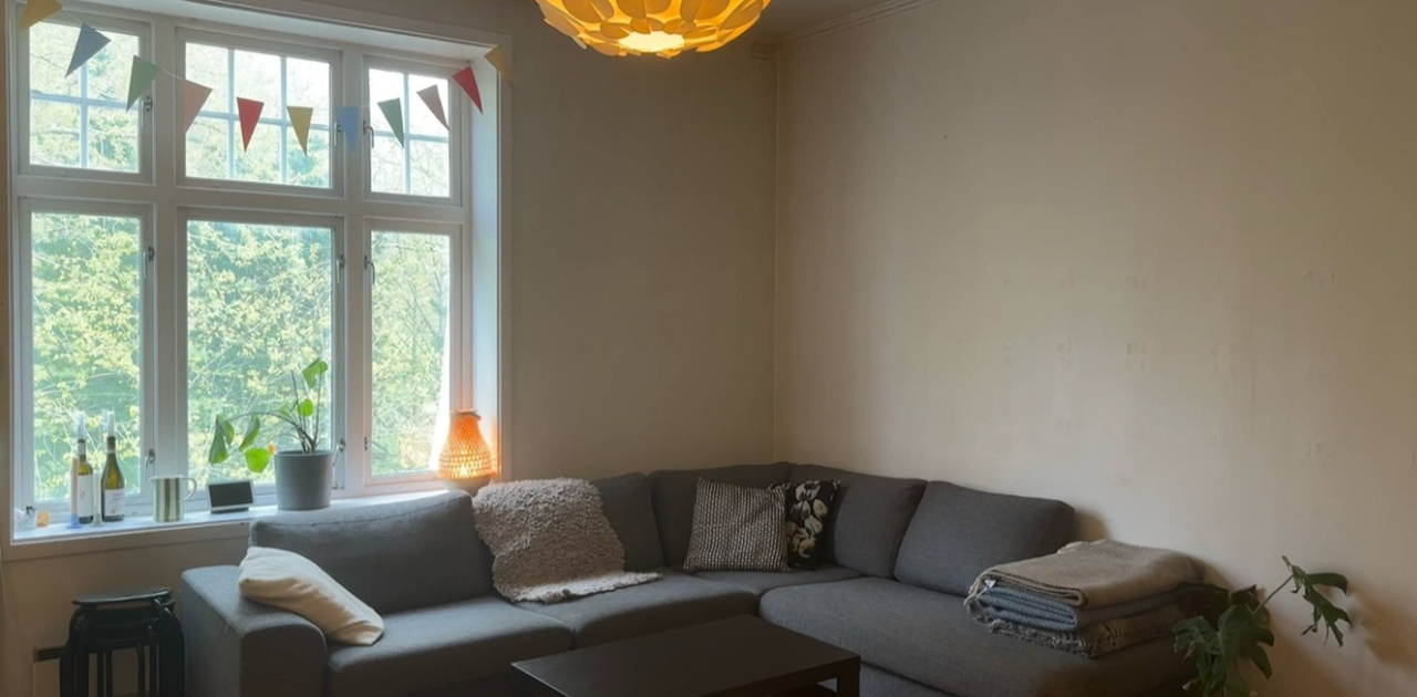 Romslig stue/spisestue med peis