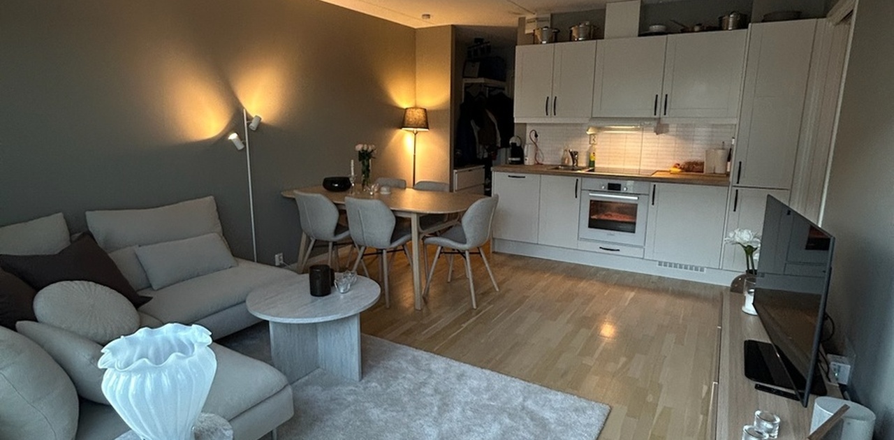 Stor stue med spisebord og sofa