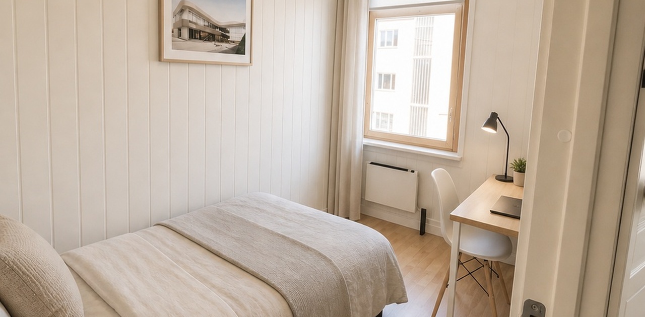 Leiligheten er under oppussing. Bildet viser forventet stil etter oppgradering. Vinduer og rominndeling tilsvarer faktisk løsning, mens møblering og enkelte overflater er illustrert. Endelig utførelse kan avvike noe, men vil ha samme lyse & moderne uttryk