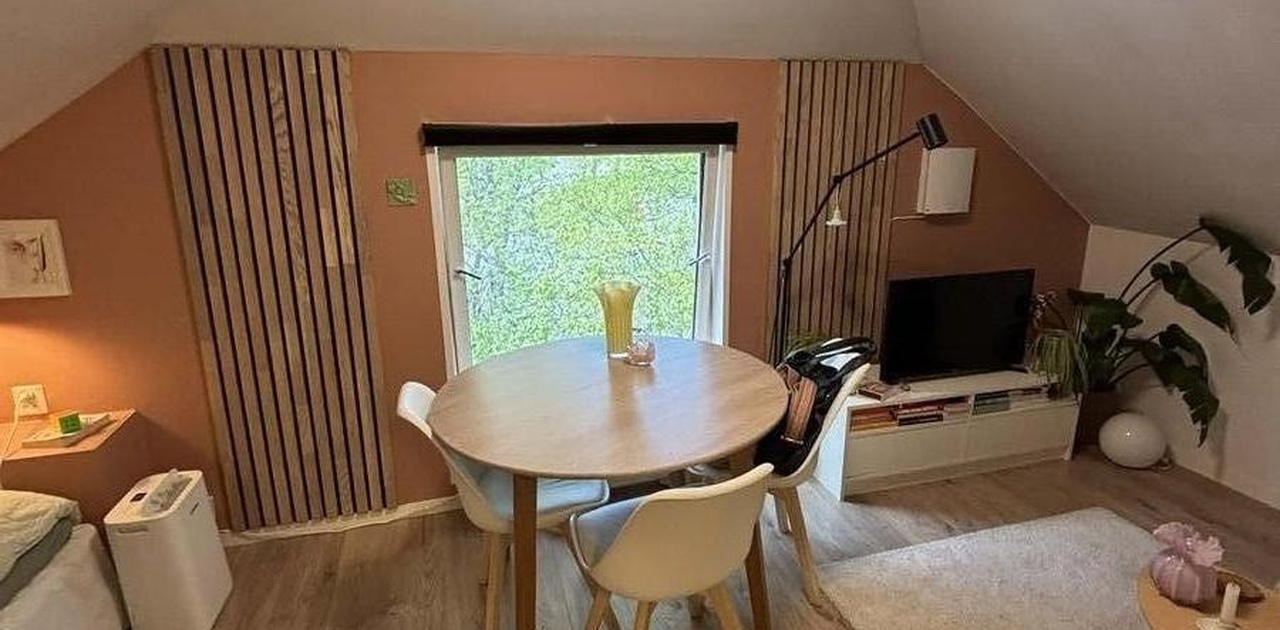 Stilren stue med sittegruppe, spiseplass og moderne detaljer