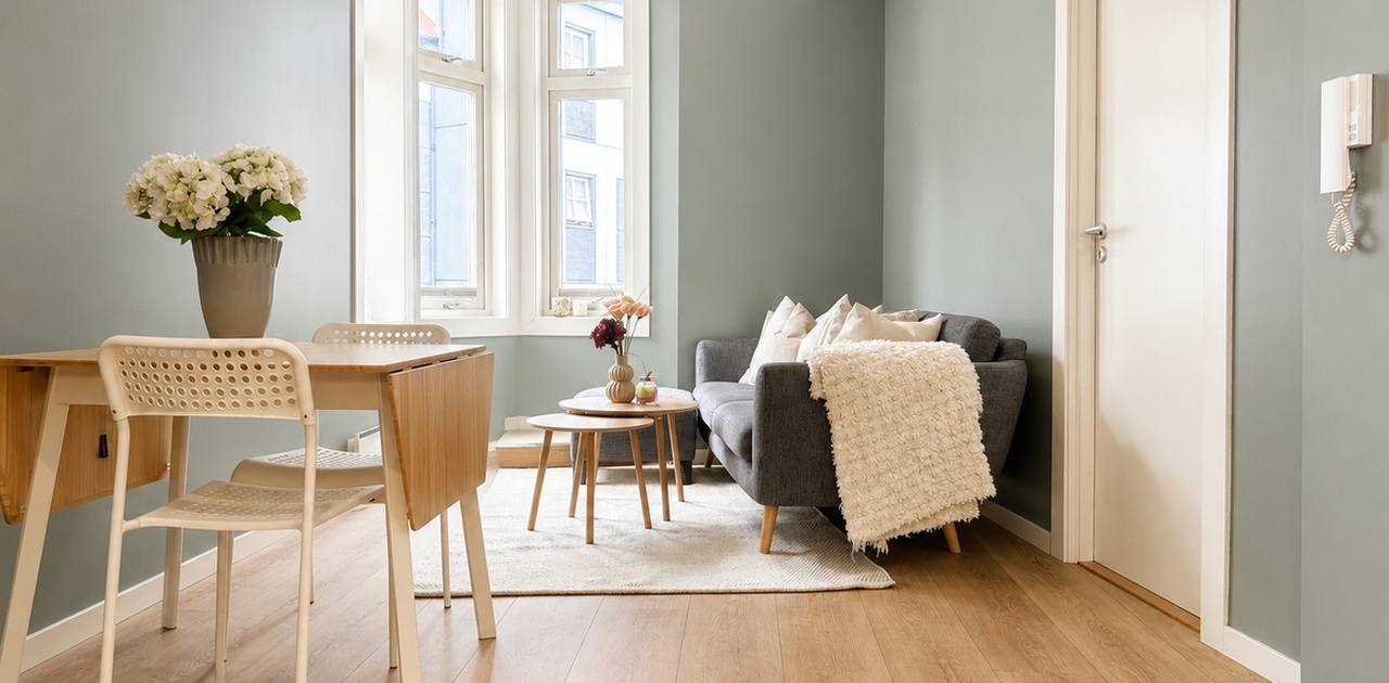 Stuen er utstyrt med sofa og kjøkkenbord med stoler