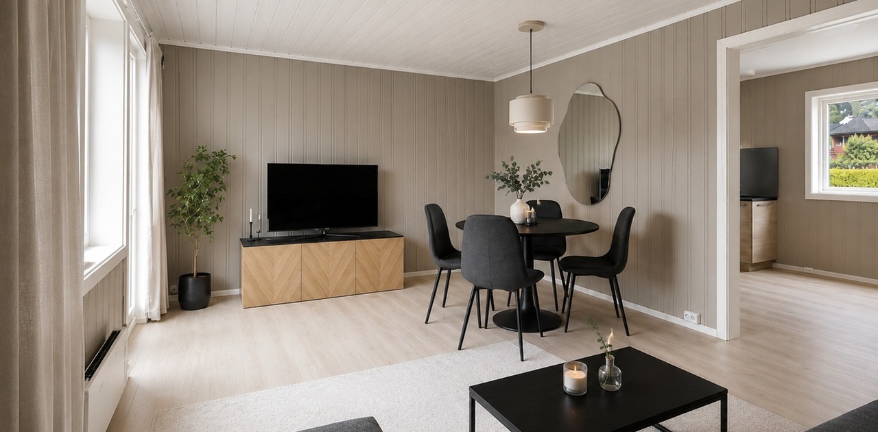Lys og innbydende stue med spiseplass og utgang til terrasse