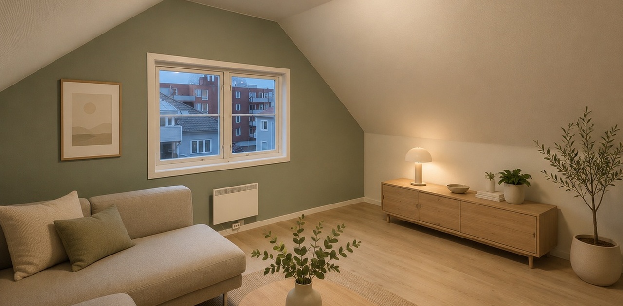 Flott stue på ca 17 kvm. God plass til stor sofa og spisebord.