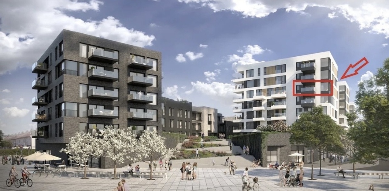 Industrigata 5. leiligheten ligger 3 etasjer under pilen