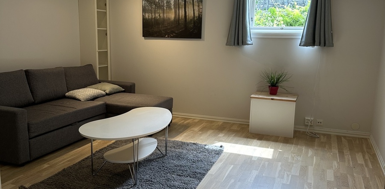 Stuen er stor og romslig og innredet med sovesofa. Tv, bord og stoler kan settes inn om ønskelig