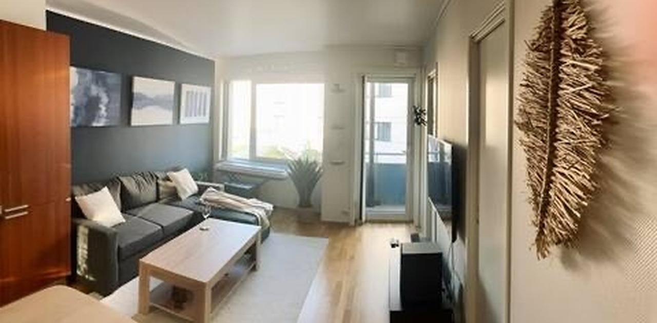 Stue med veggopphengt TV og sovesofa