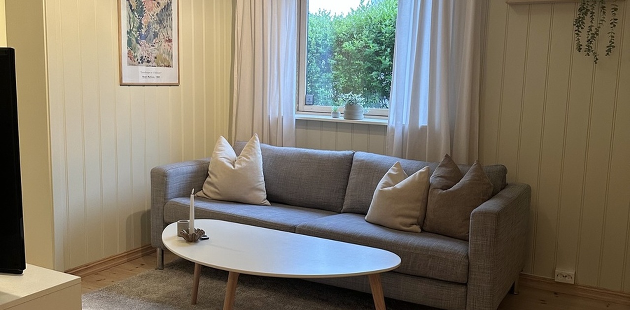 Stue med stort vindu. Mye dagslys. 2,5-seter sofa.