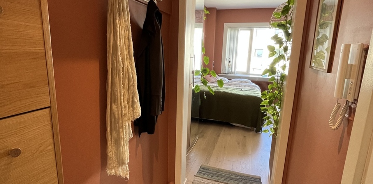 Gang med god plass til oppbevaring. Skap høyt på veggen. Smal kommode for sko/yttertøy.