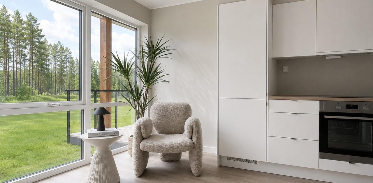 Plass til spisebord foran store vinduer