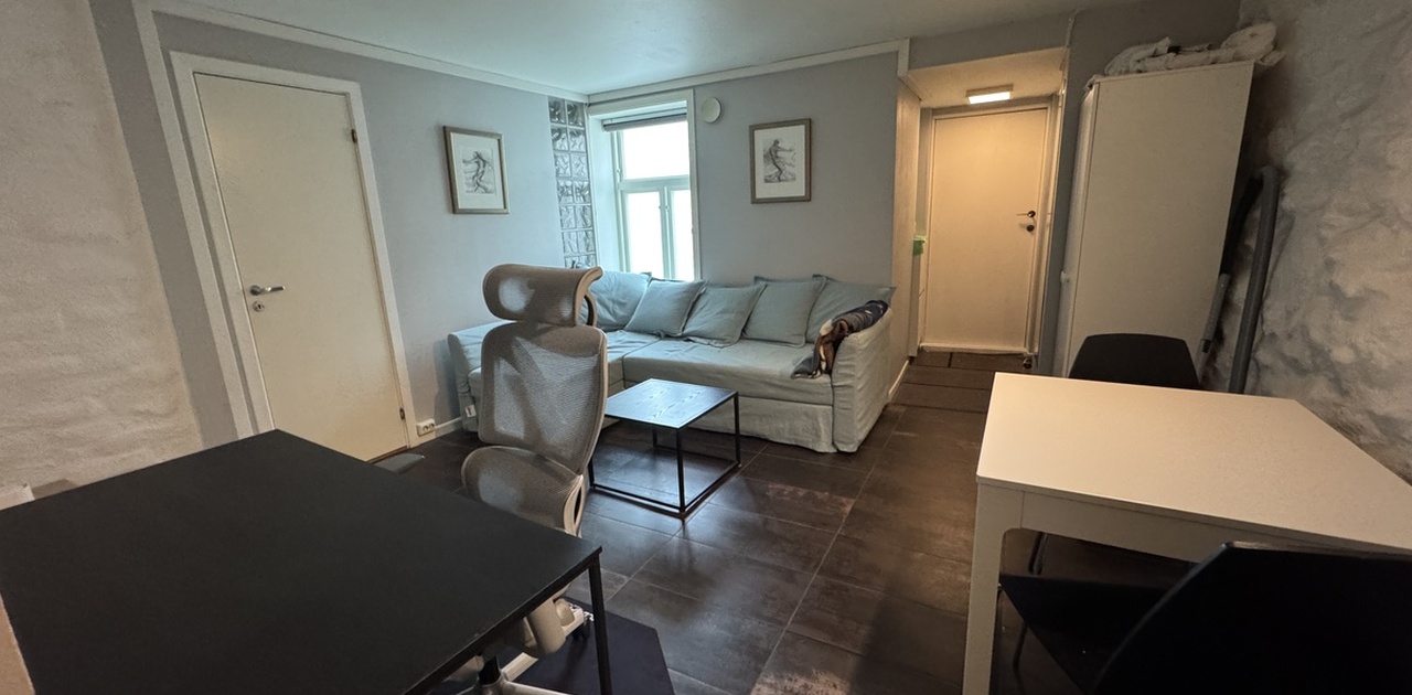Lys og møblert stue med plass til soffa spisebord og hjemmekontor