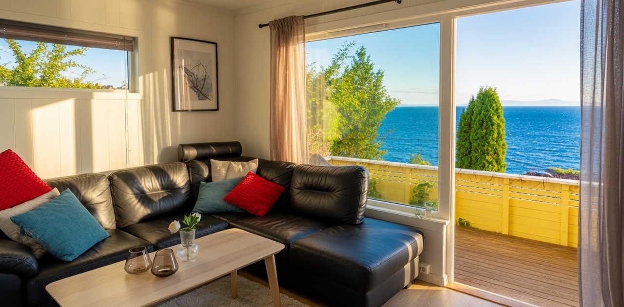 Stue med utgang til terrasse med sjøutsikt.