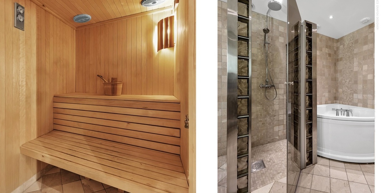 Stort flislagt bad med sauna og badekar
