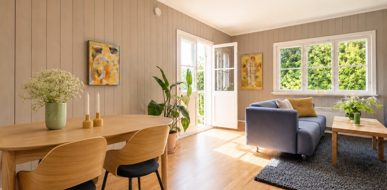 Stue med sofagruppe og spisebord, samt direkte utgang til balkong