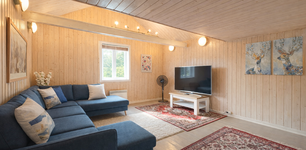 Stue møblert med stor TV
